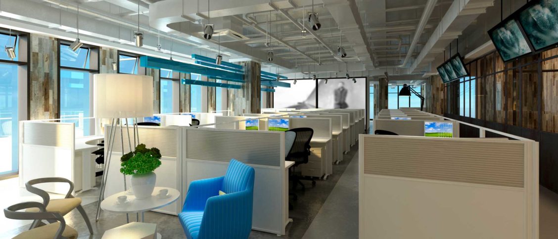 Bureaux dans un Open Space avec des cloisons.