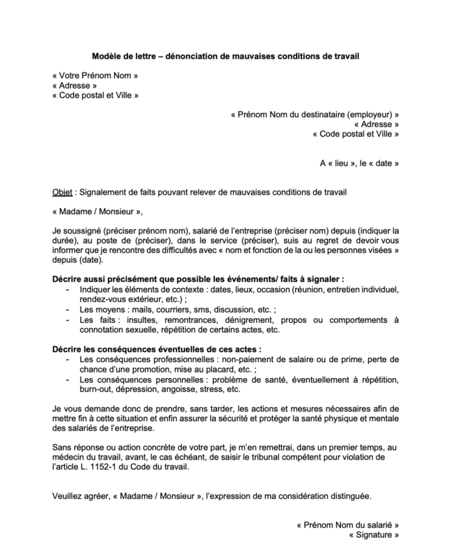 Dénoncer des mauvaises conditions de travail modèle de lettre