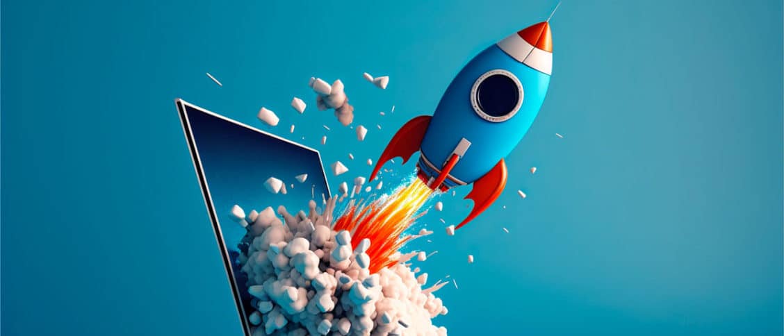Zoom sur une fusée qui sort d'un ordinateur portable