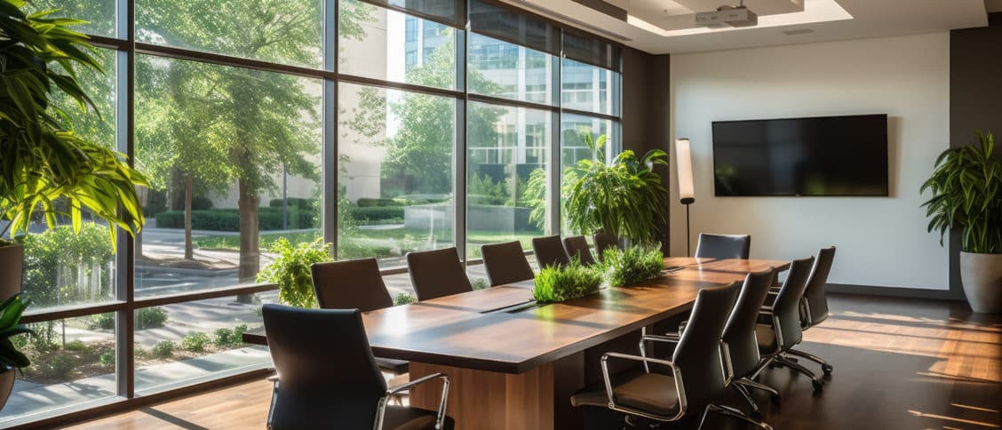 Petite salle de conférence moderne avec du mobilier en bois et de la végétation.